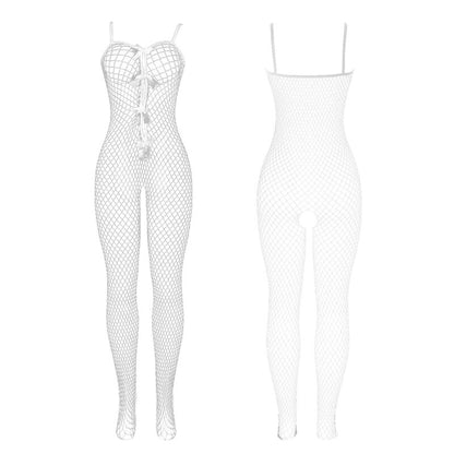 SUBBLIME - 951740 BODYSTOCKING WHITE FISHNET CROTCHLESS WITH BOWS ONE SIZE