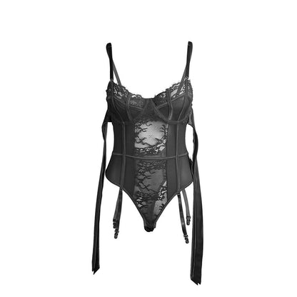 SUBBLIME - 955502 LACE BODYSUIT WITH BOWS AND GARTERS BLACK L/XL